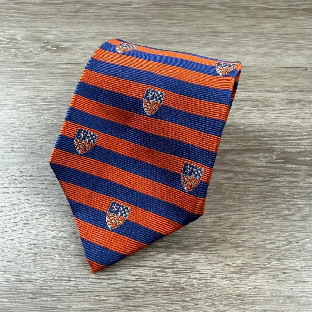 Brooks Brothers Mens Necktie Silk Striped Crest Orange Blue 3.75in OS